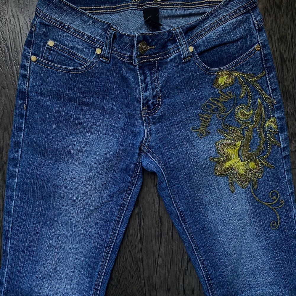 Embroidered Blue Jeans with Floral Design